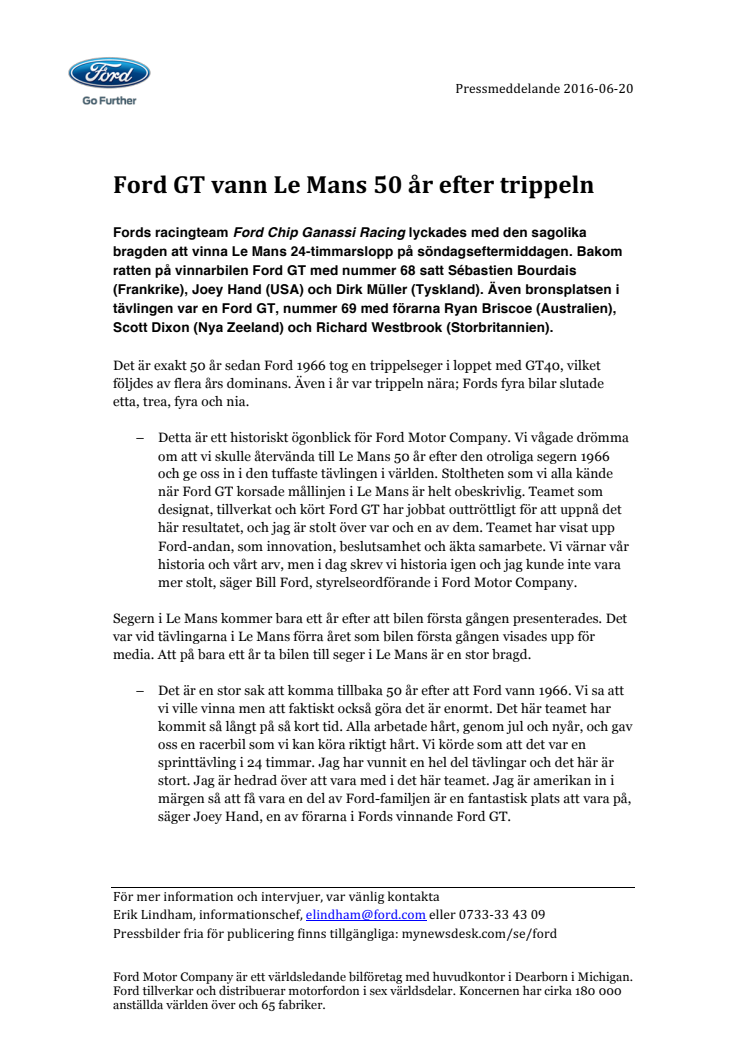 Ford GT vann Le Mans 50 år efter trippeln