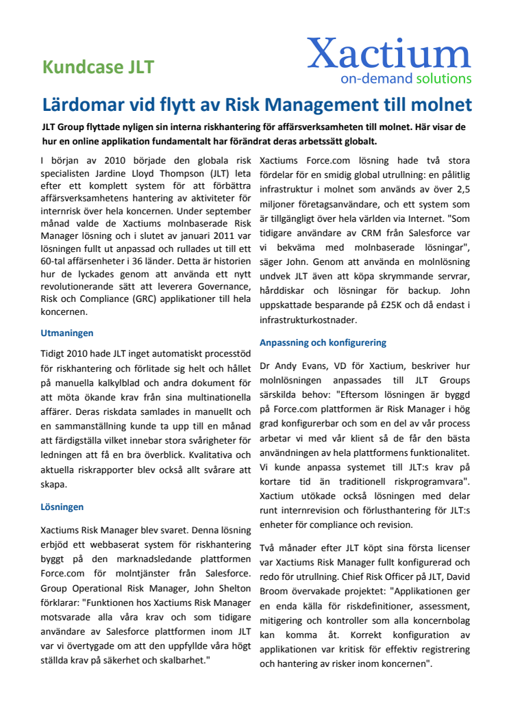 Kundcase JLT: Lärdomar vid flytt av Risk Management till molnet