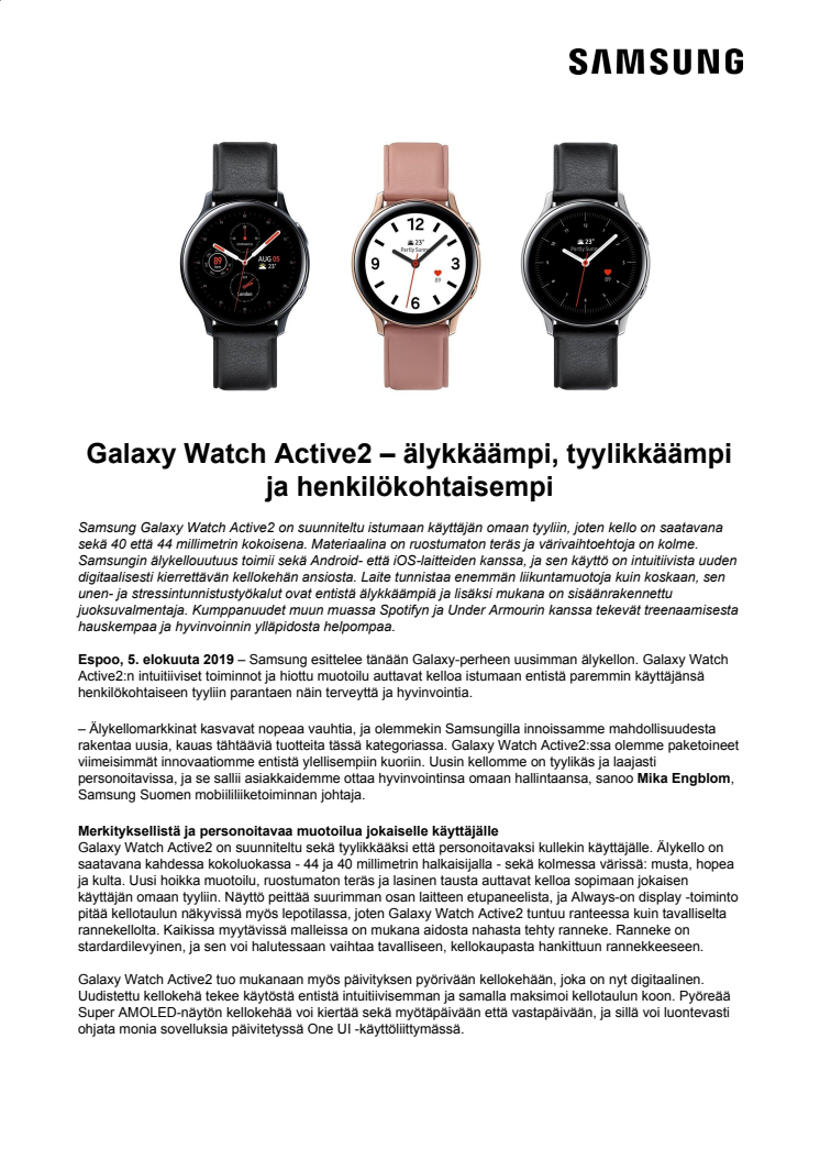 Galaxy Watch Active2 – älykkäämpi, tyylikkäämpi ja henkilökohtaisempi