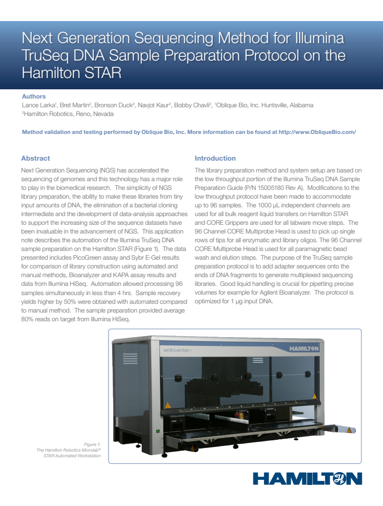 Next Generation Sequencing Method for Illumina TruSeq DNA Sample Preparation Protocol on the Hamilton STAR