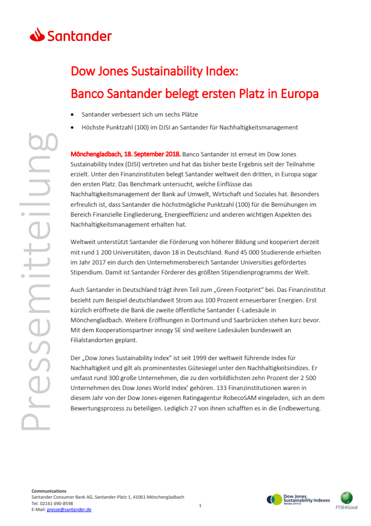 Dow Jones Sustainability Index:  Banco Santander belegt ersten Platz in Europa