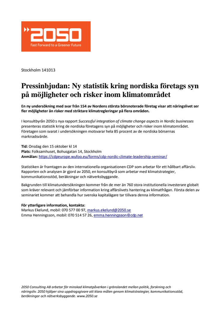 Pressinbjudan: Ny statistik kring nordiska företags syn på möjligheter och risker inom klimatområdet