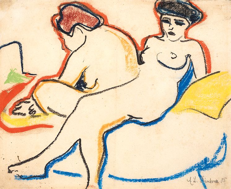 Ernst Ludwig Kirchner: Zwei Akte auf einem Lager (1905). Schwarze Kunstkreide und Farbkreiden auf Papier.  Kunstmuseum Bern, Legat Cornelius Gurlitt  2014.