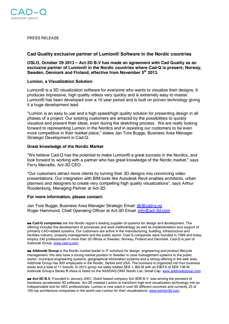 Cad Quality exclusive partner of Lumion® Software in the Nordic countries