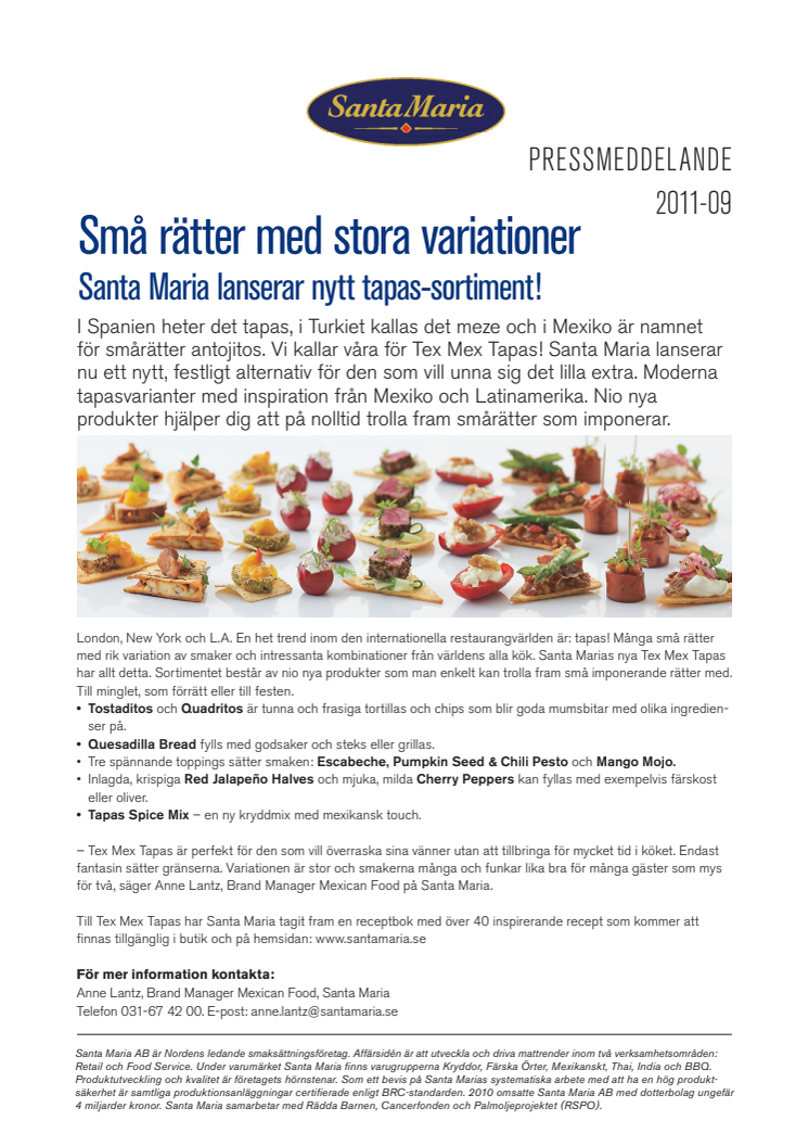 Små rätter med stora variationer. Santa Maria lanserar nytt tapas-sortiment!
