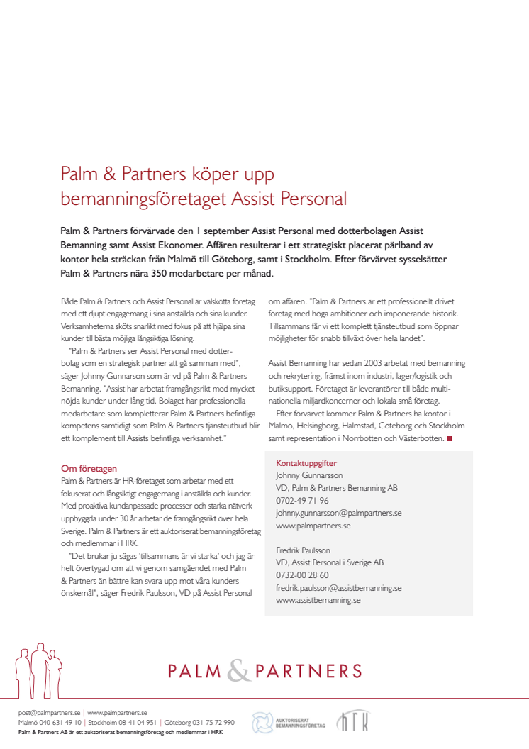 Palm & Partners köper upp bemanningsföretaget Assist Personal