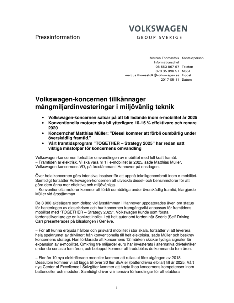 Volkswagen-koncernen tillkännager mångmiljardinvesteringar i miljövänlig teknik