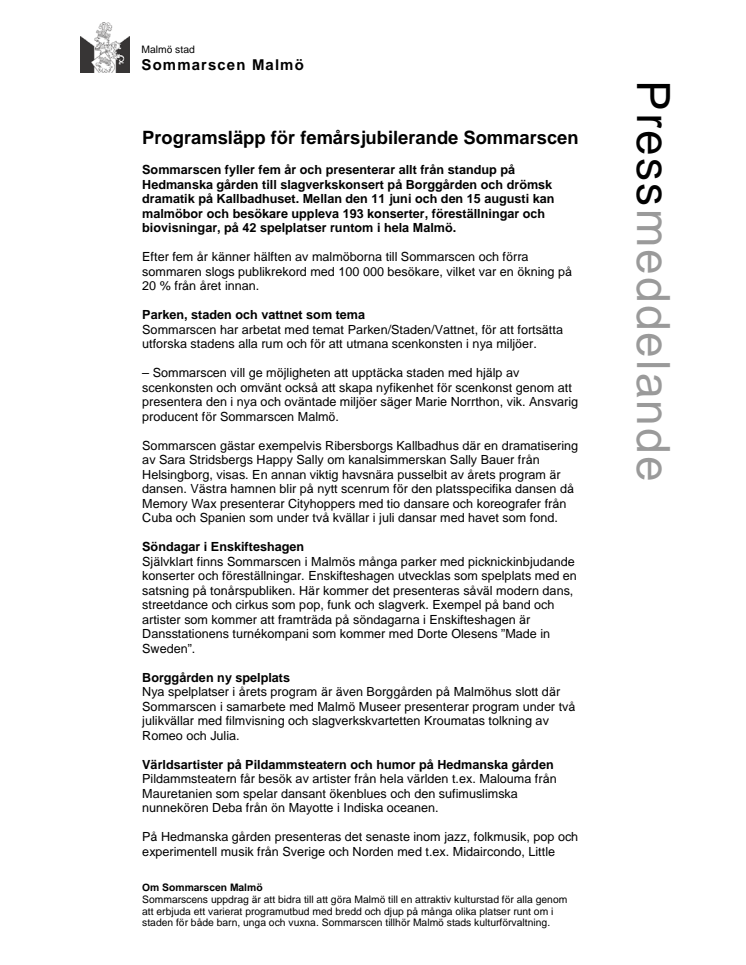 Programsläpp för femårsjubilerande Sommarscen