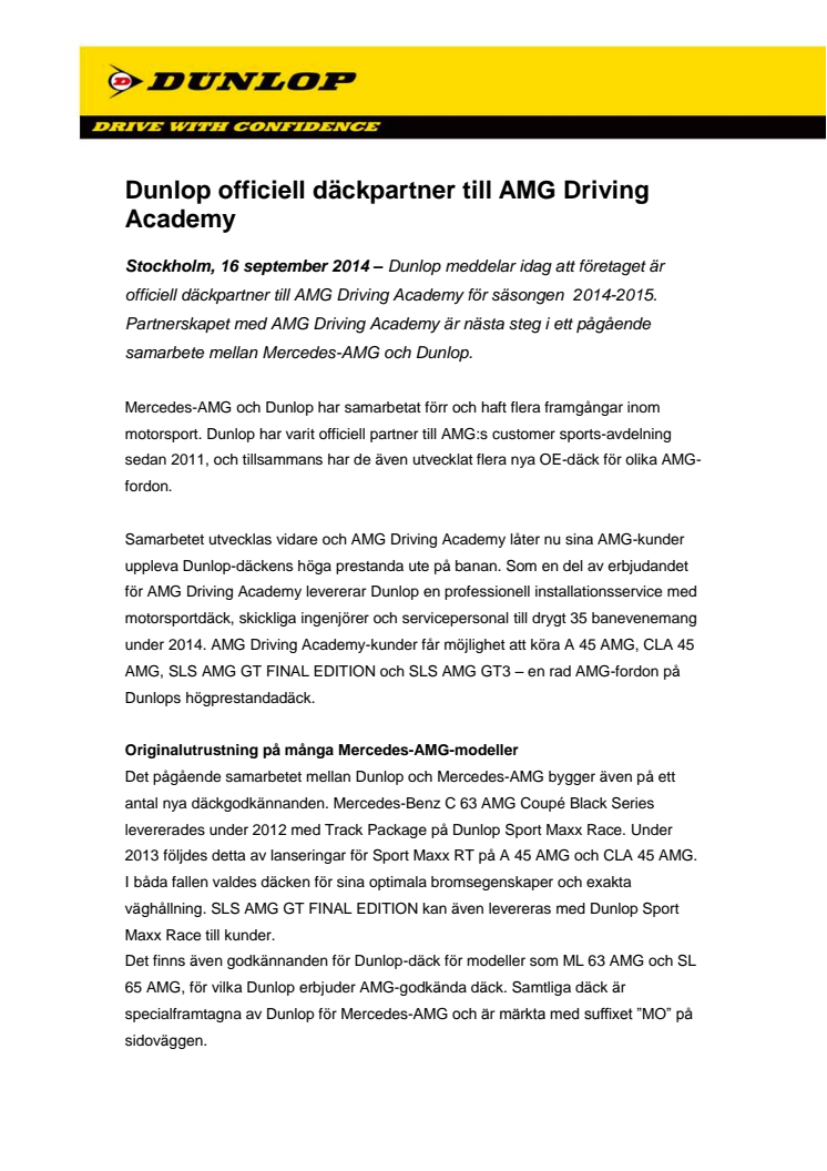 Dunlop officiell däckpartner till AMG Driving Academy