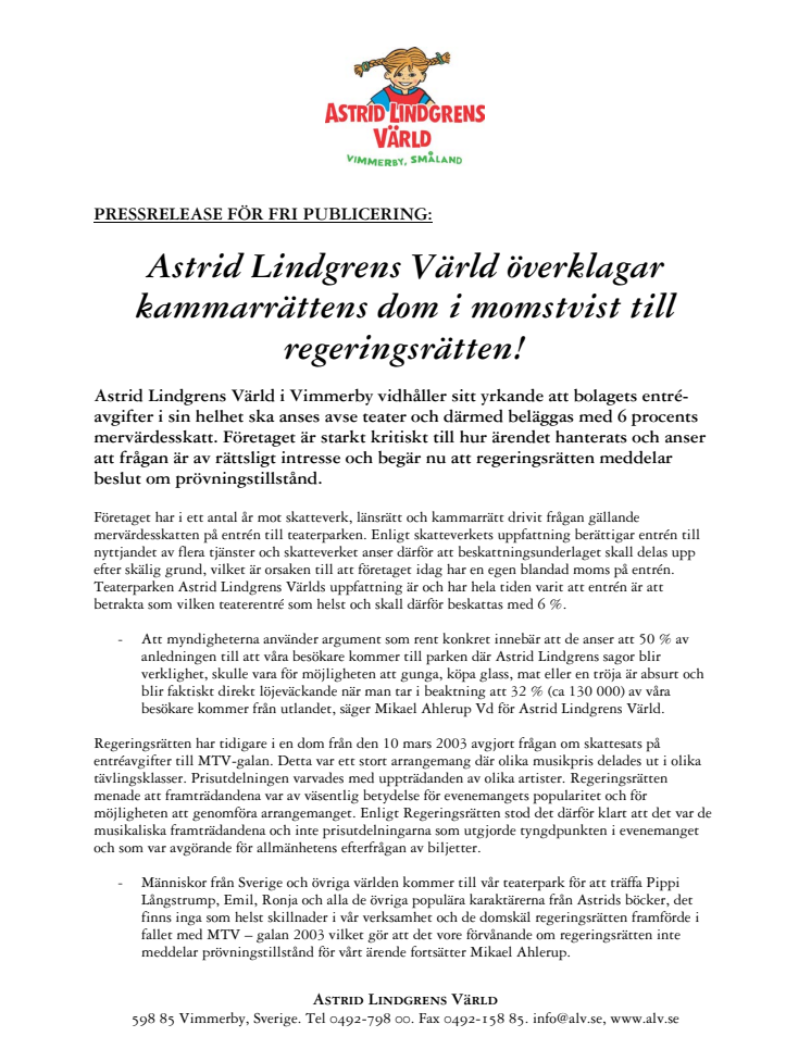 Astrid Lindgrens Värld överklagar kammarrättens dom i momstvist till regeringsrätten!