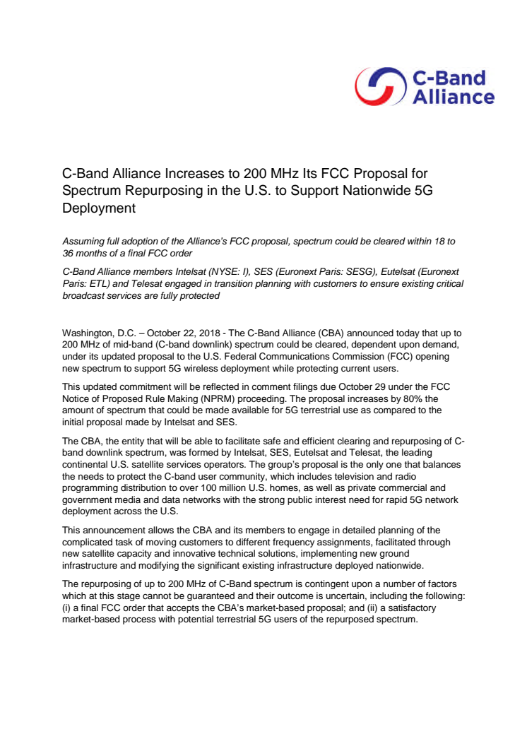 C-Band Alliance Increases to 200 MHz Its FCC Proposal for Spectrum Repurposing in the U.S. to Support Nationwide 5G Deployment