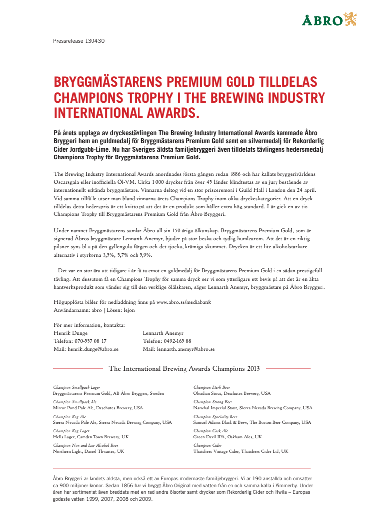 Bryggmästarens Premium Gold tilldelas Champions Trophy i The Brewing Industry International Awards