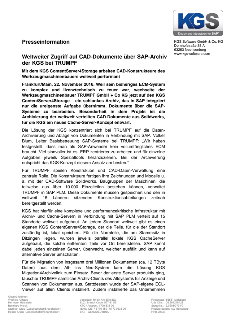 CAD-Daten-Verwaltung bei TRUMPF mit SAP-Archivierungslösung der KGS