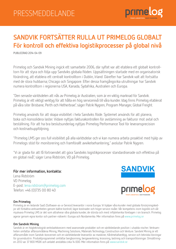 Sandvik fortsätter rulla ut Primelog globalt