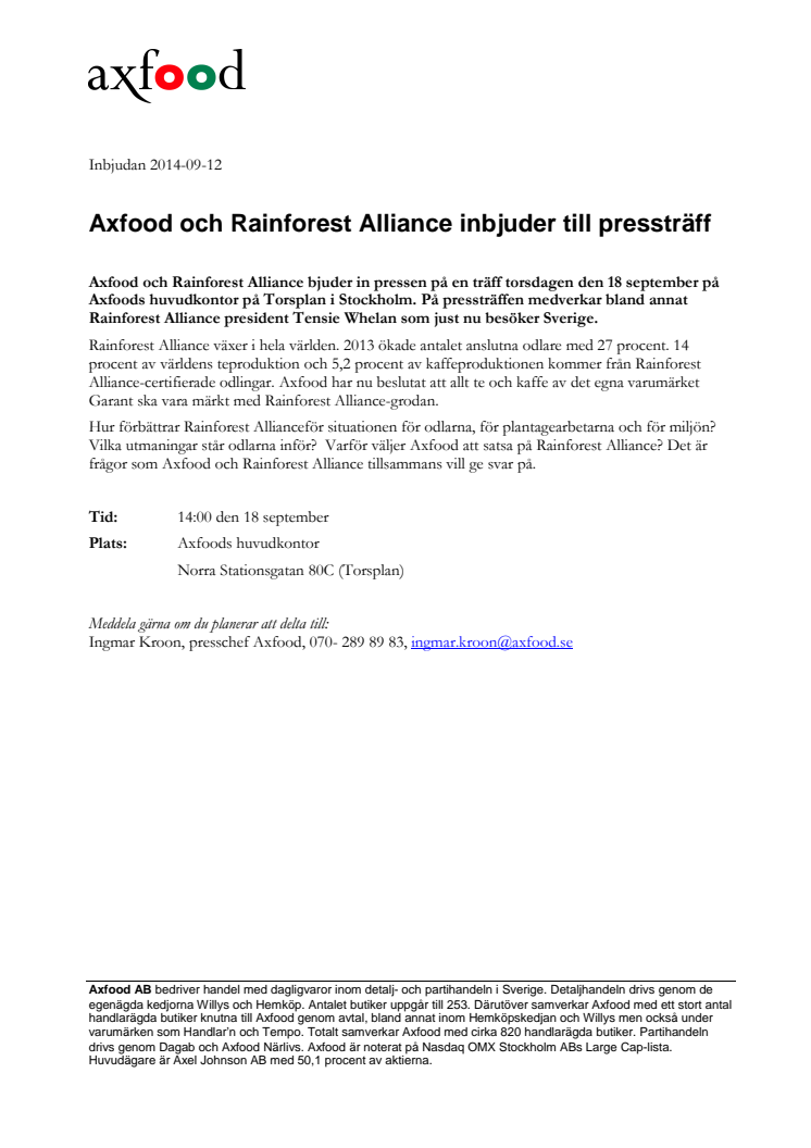 Axfood och Rainforest Alliance inbjuder till pressträff