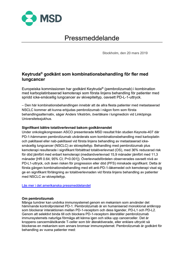  Keytruda® godkänt som kombinationsbehandling för fler med lungcancer