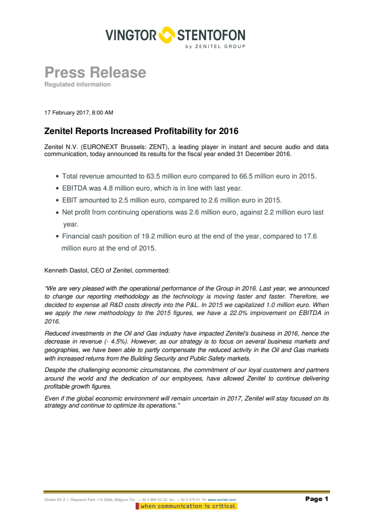 Zenitel Reports Increased Profitability for 2016