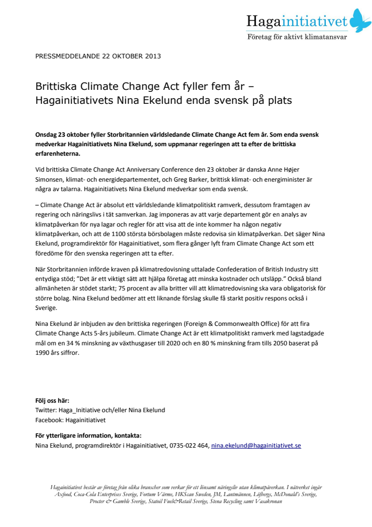 Brittiska Climate Change Act fyller fem år – Hagainitiativets Nina Ekelund enda svensk på plats