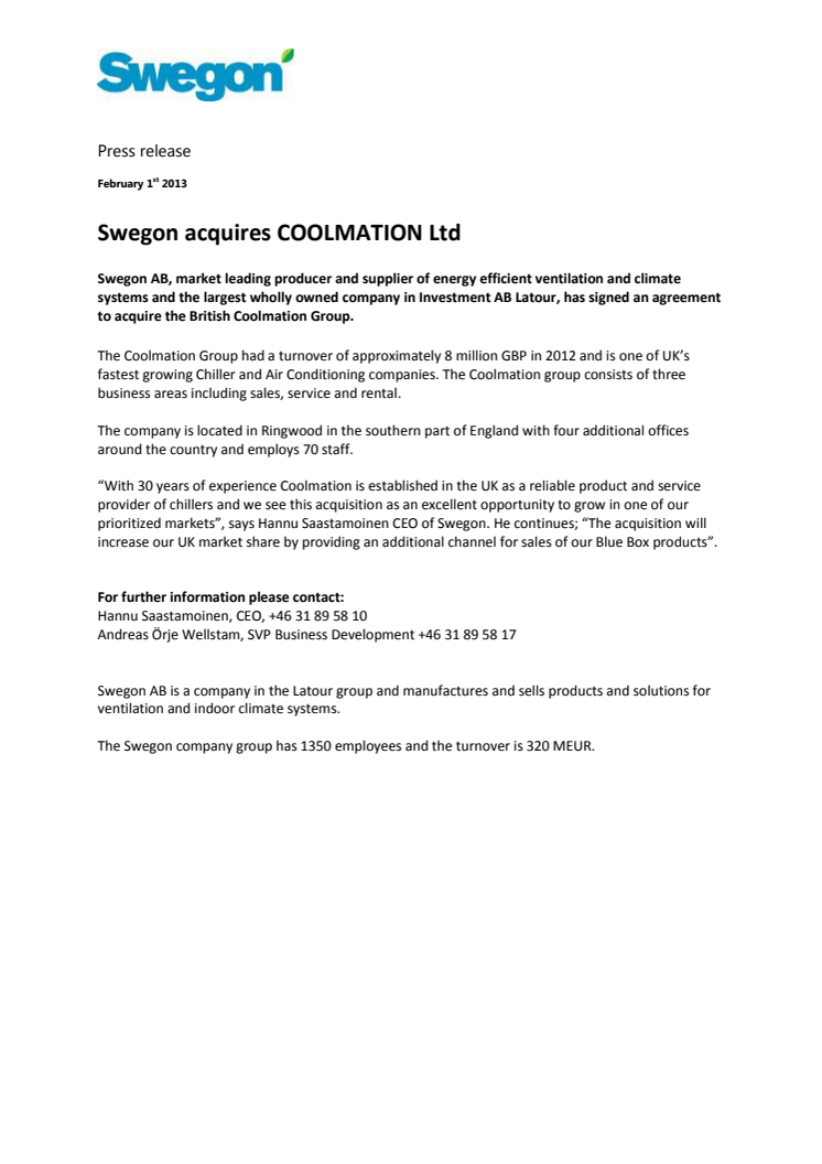 Swegon acquires COOLMATION Ltd