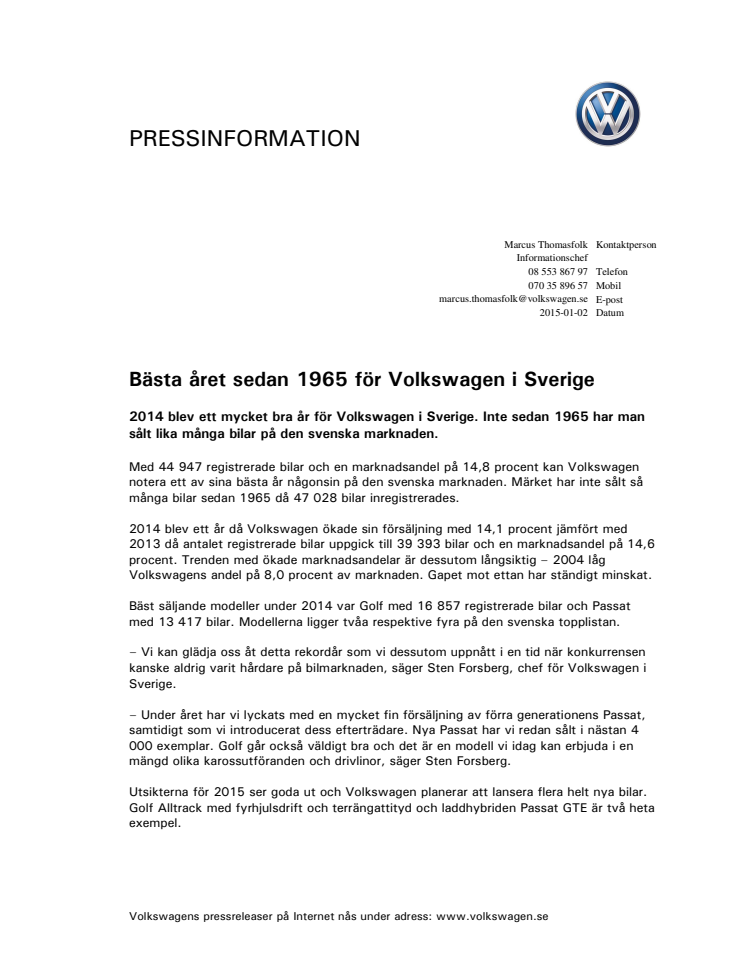 Bästa året sedan 1965 för Volkswagen i Sverige