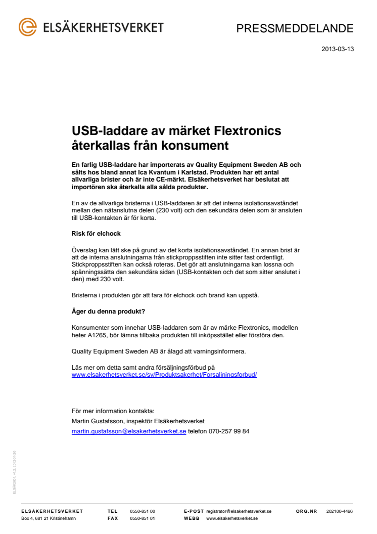 USB-laddare av märket Flextronics återkallas från konsument