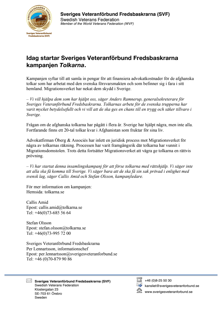 ​Idag startar Sveriges Veteranförbund Fredsbaskrarna kampanjen Tolkarna