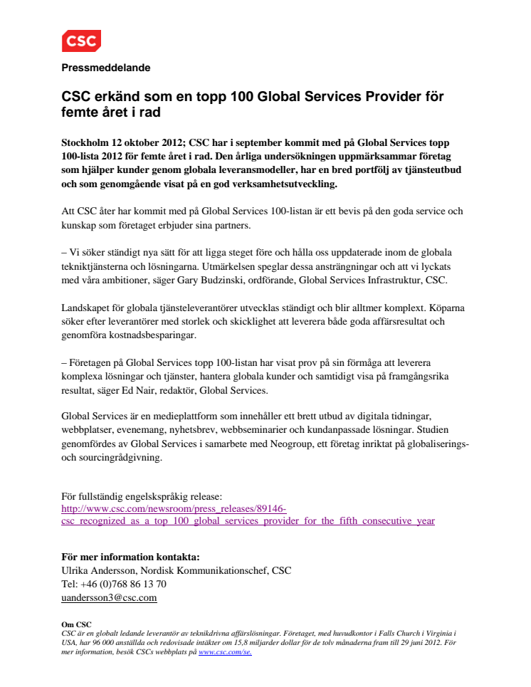 CSC erkänd som en topp 100 Global Services Provider för femte året i rad