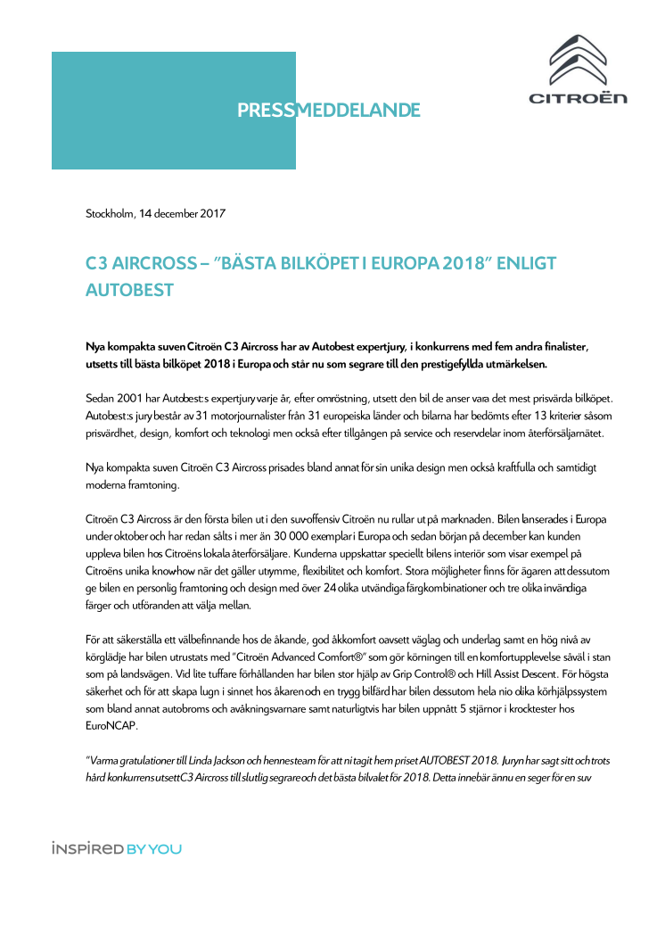 C3 AIRCROSS – BÄSTA BILKÖPET 2018 ENLIGT AUTOBEST