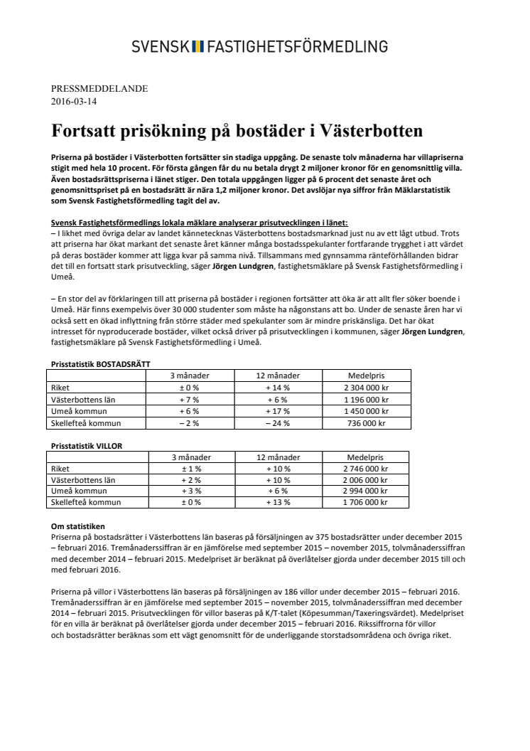 Fortsatt prisökning på bostäder i Västerbotten