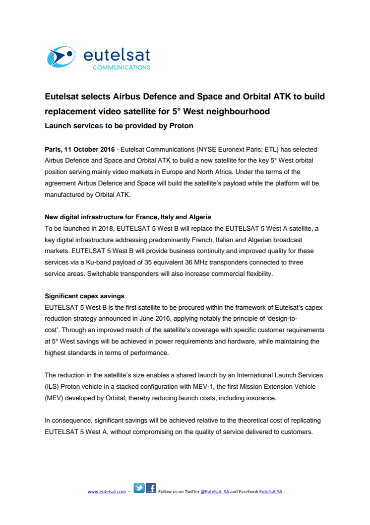 Eutelsat selects Airbus Defence and Space and Orbital ATK to build replacement video satellite for 5° West neighbourhood 