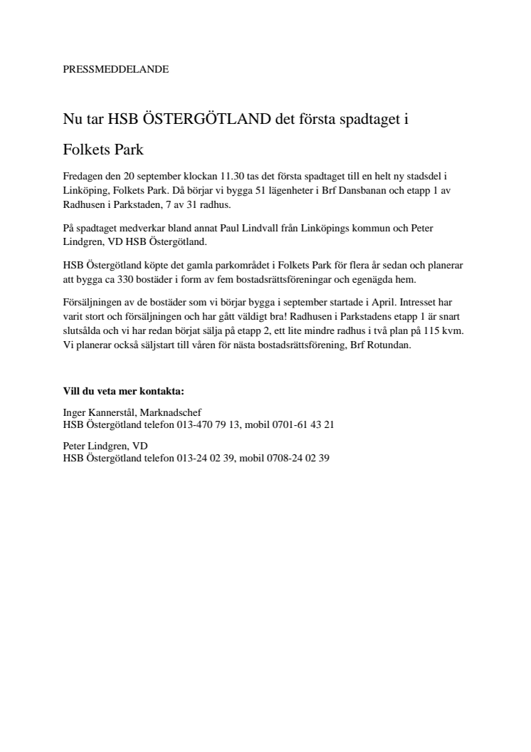 Nu tar HSB Östergötland det första spadtaget i Folkets Park, Linköping