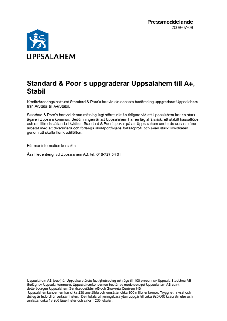 Standard & Poor´s uppgraderar Uppsalahem till A+, Stabil