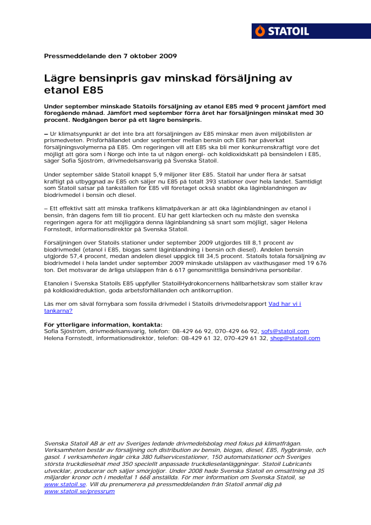 Lägre bensinpris gav minskad försäljning av etanol E85