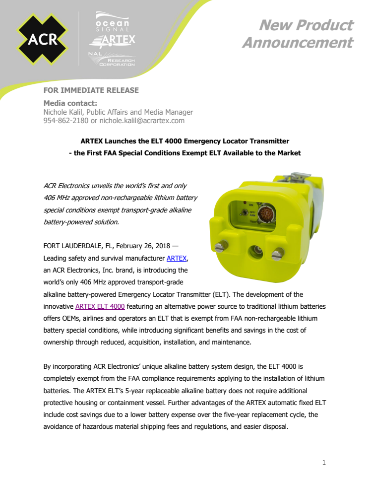 ARTEX Launches the ELT 4000 Emergency Locator Transmitter - the First FAA Special Conditions Exempt ELT Available to the Market