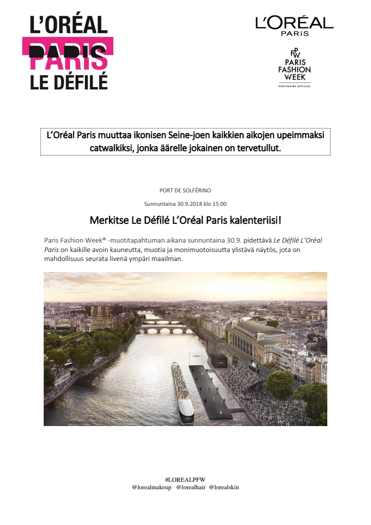 Le Défilé L'Oréal Paris Seinen muotinäytös 30.9.2018
