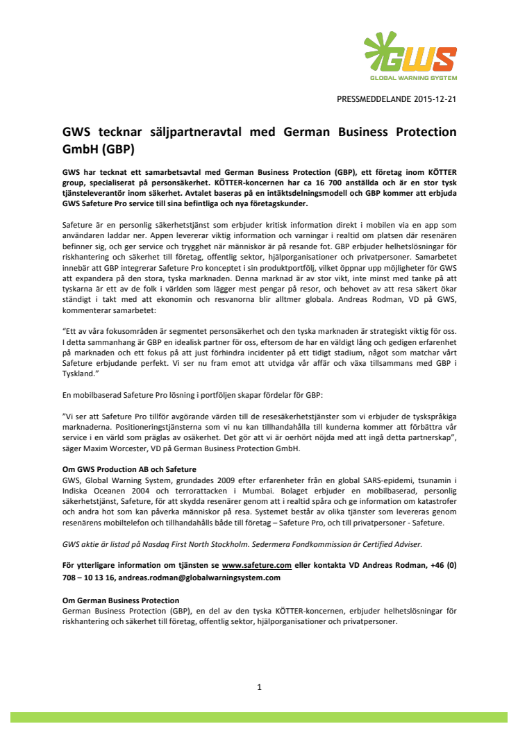 GWS tecknar säljpartneravtal med German Business Protection GmbH (GBP)