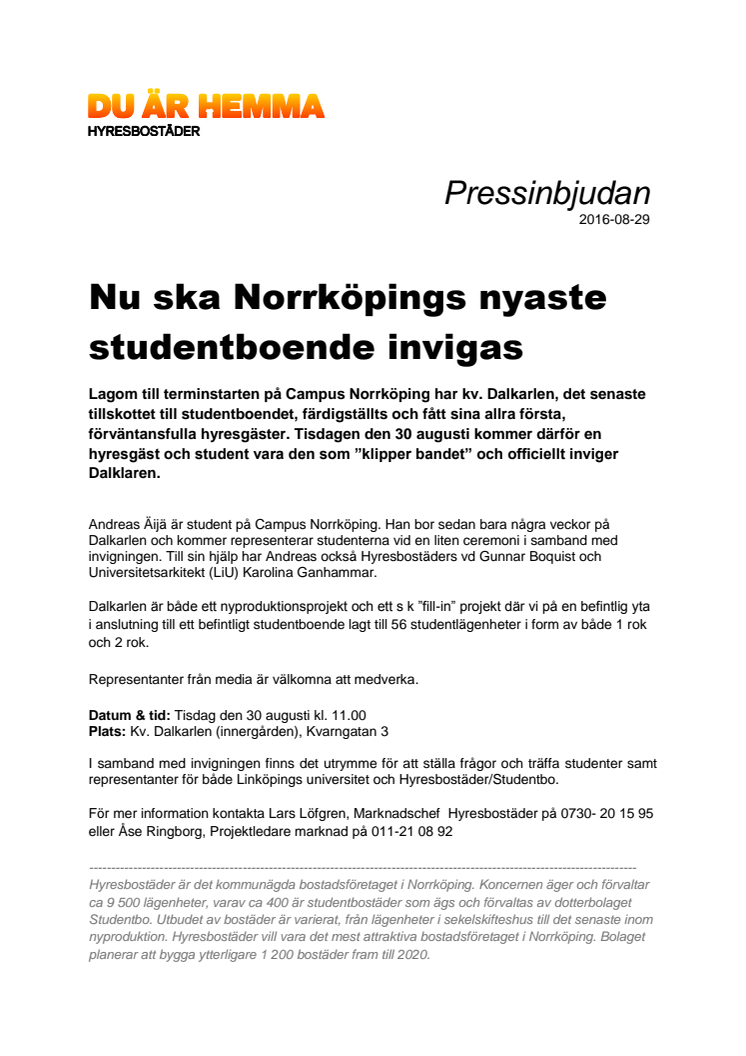 Pressinbjudan: Nu ska Norrköpings nyaste studentboende invigas 