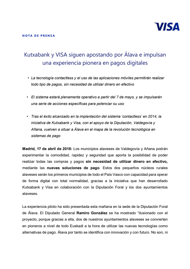 Kutxabank y VISA siguen apostando por Álava e impulsan una experiencia pionera en pagos digitales