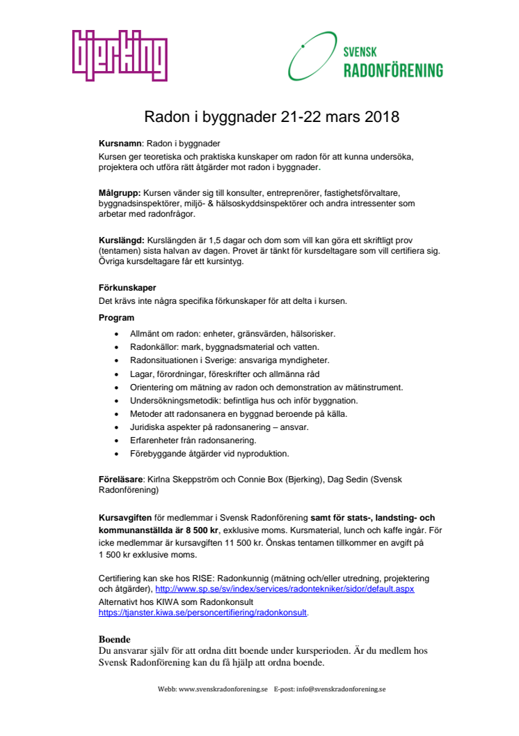 Radonkurs 21-22 mars i Uppsala - Sista anmälningsdag 28 februari!