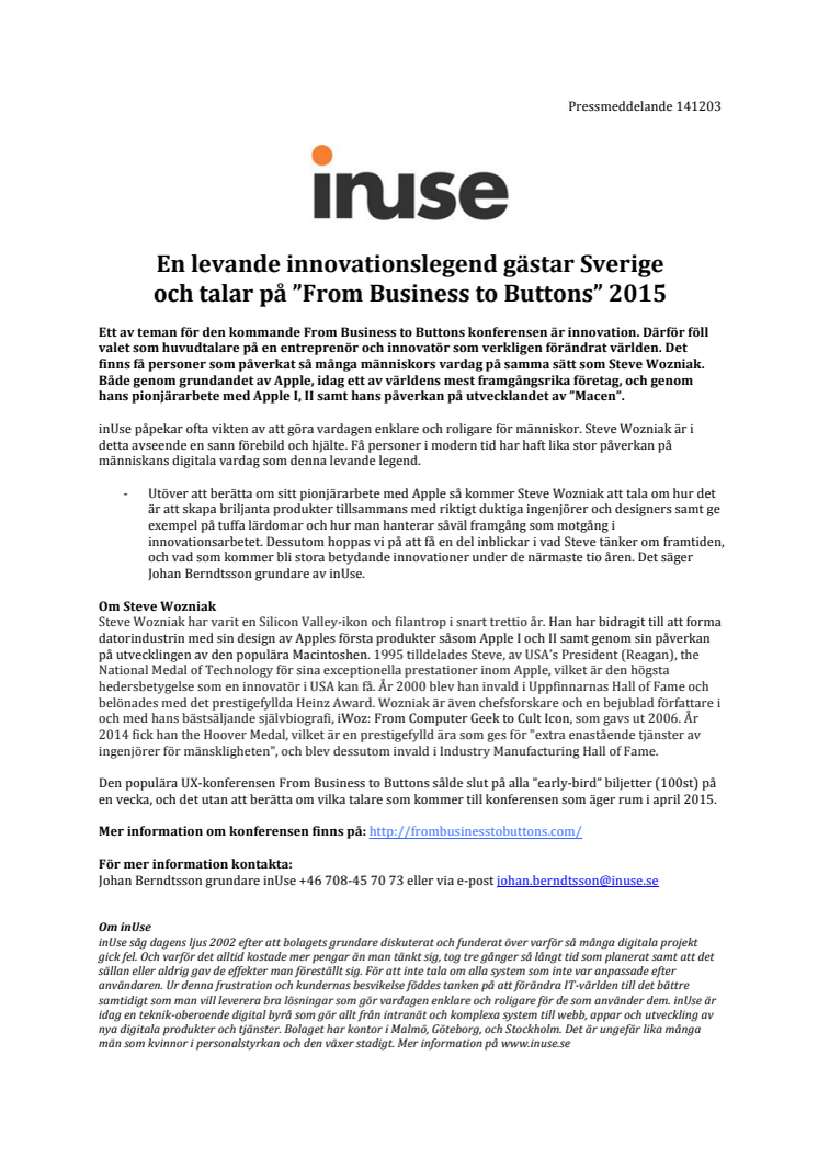 En levande innovationslegend gästar Sverige och talar på ”From Business to Buttons” 2015
