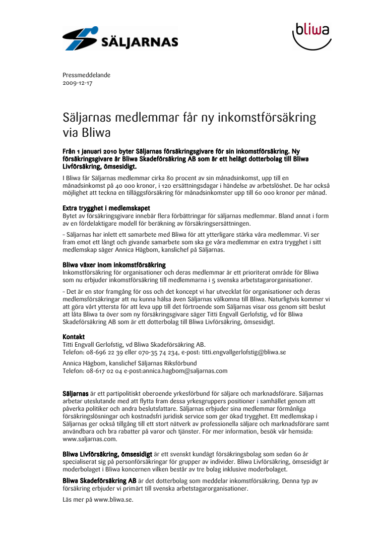 Säljarnas medlemmar får ny inkomstförsäkring via Bliwa