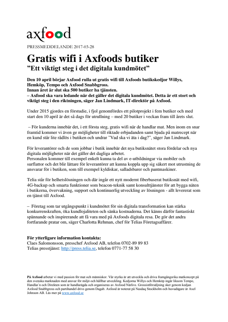 Gratis wifi i Axfoods butiker