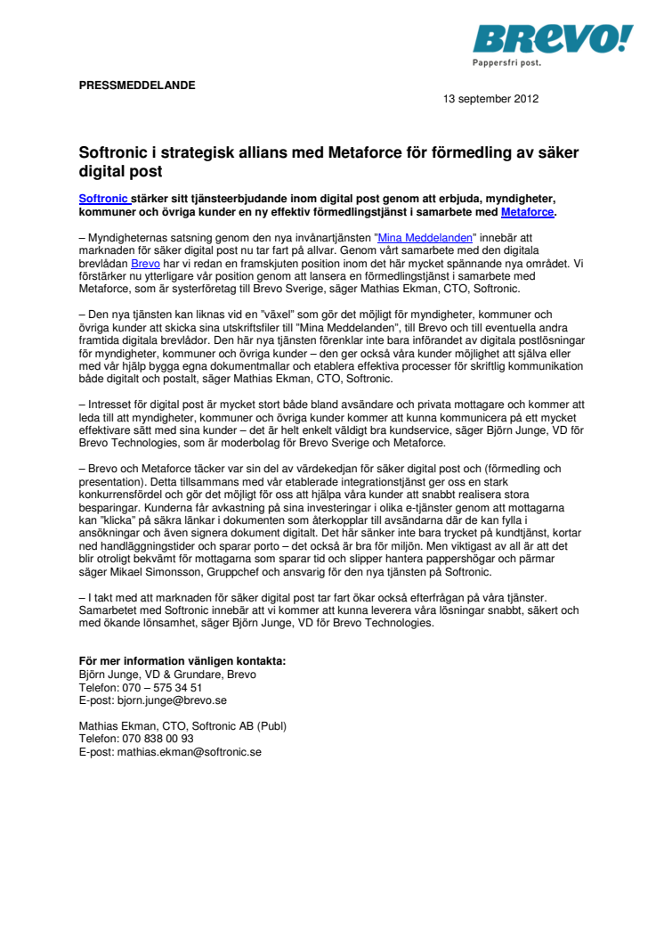 Softronic i strategisk allians med Metaforce för förmedling av säker digital post