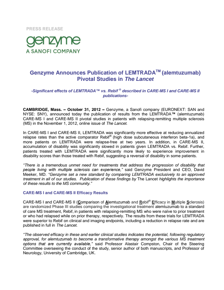 Genzyme Announces Publication of LEMTRADA (alemtuzumab) Pivotal Studies in The Lancet 