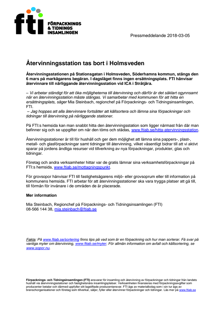 Återvinningsstation tas bort i Holmsveden