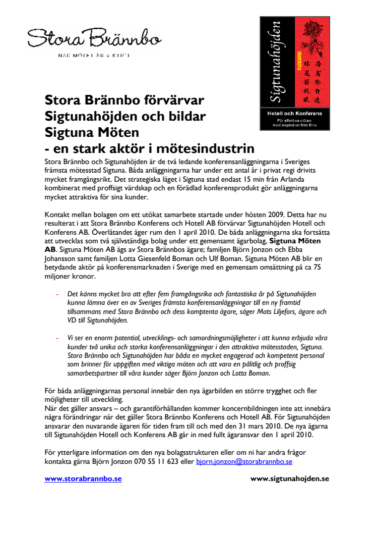 Stora Brännbo Konferens och Hotell  förvärvar Sigtunahöjden Hotell och Konferens