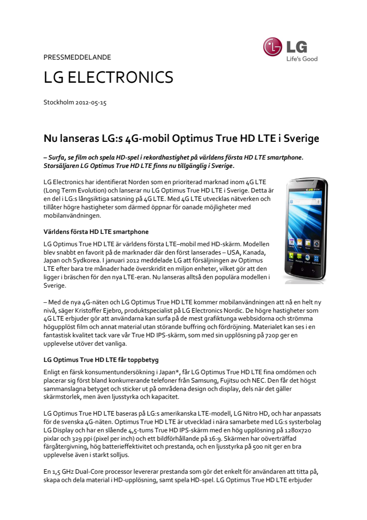 Nu lanseras LG:s 4G-mobil Optimus True HD LTE i Sverige