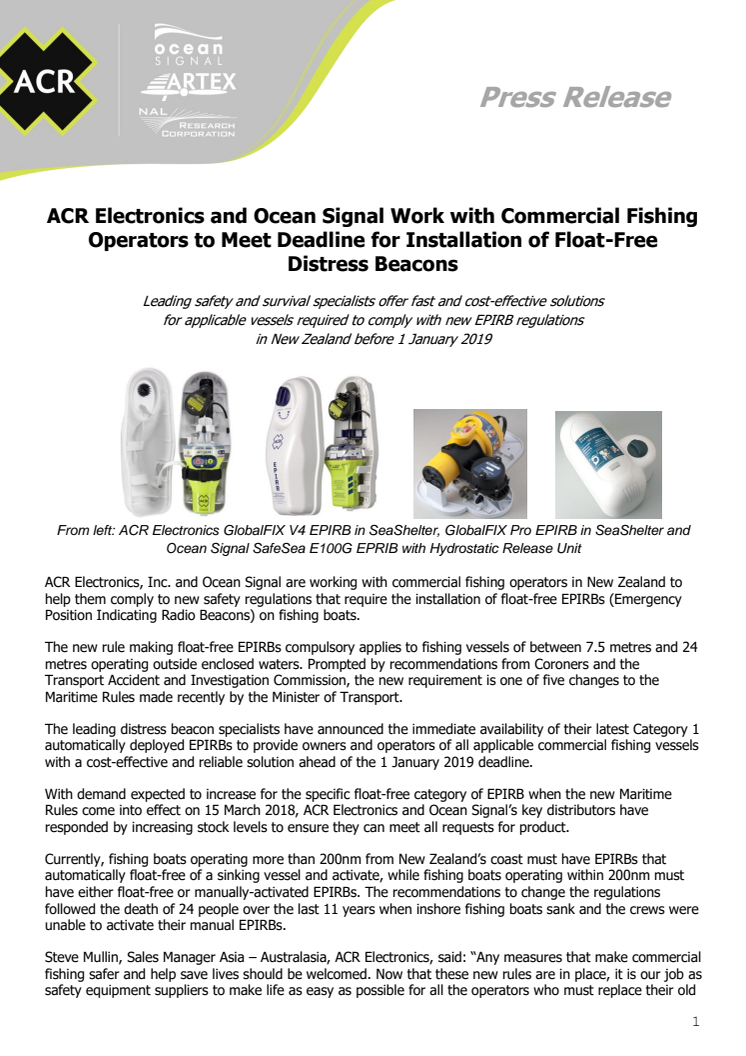 ACR Electronics and Ocean Signal Work with Commercial Fishing Operators to Meet Deadline for Installation of Float-Free Distress Beacons