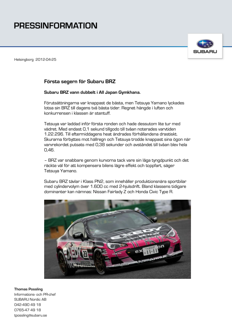 Första officiella titeln för Subaru BRZ