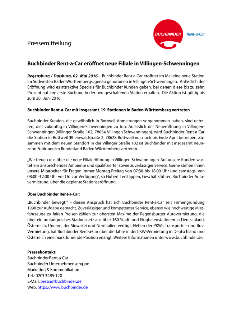 Buchbinder Rent-a-Car eröffnet neue Filiale in Villingen-Schwenningen